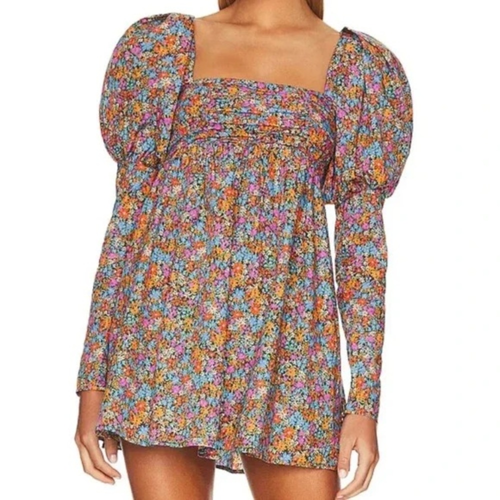 For Love And Lemons Blue and Pink Smocked Puff Sleeve Sundress